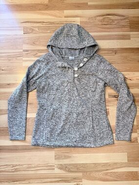Columbia Women’s XL Gray Marled Fleece Hooded Pullover Button Neck Sweater